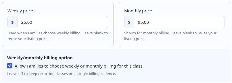 Recurring class weekly and monthly billing options