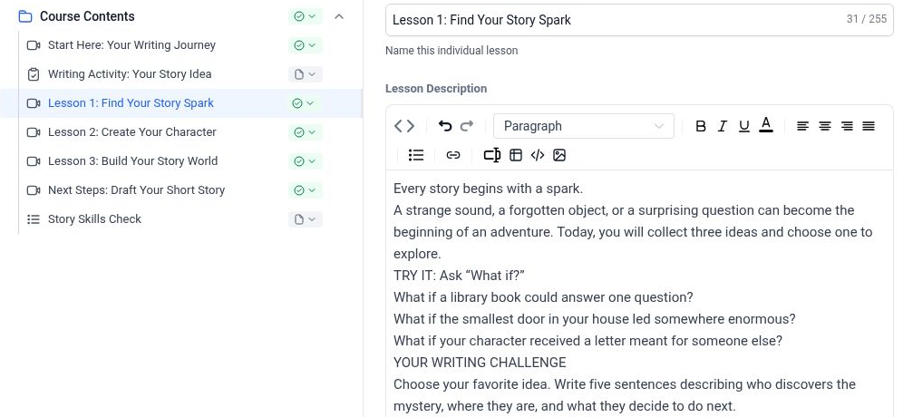Connect self-paced lesson and course builder interface