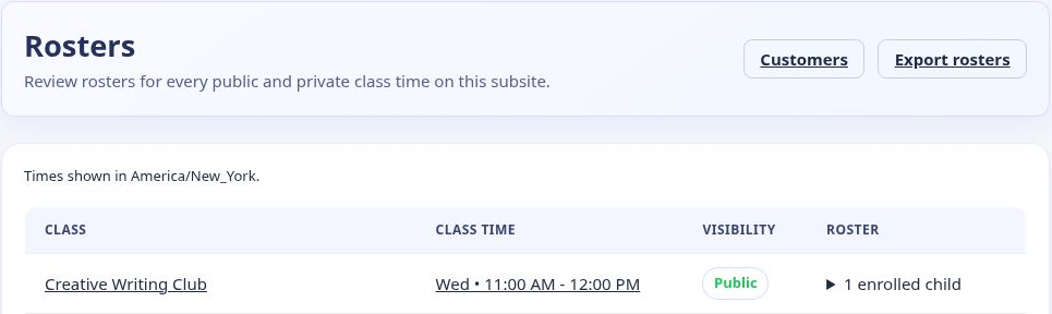 Anonymous demo roster overview with class times and enrolled-learner counts