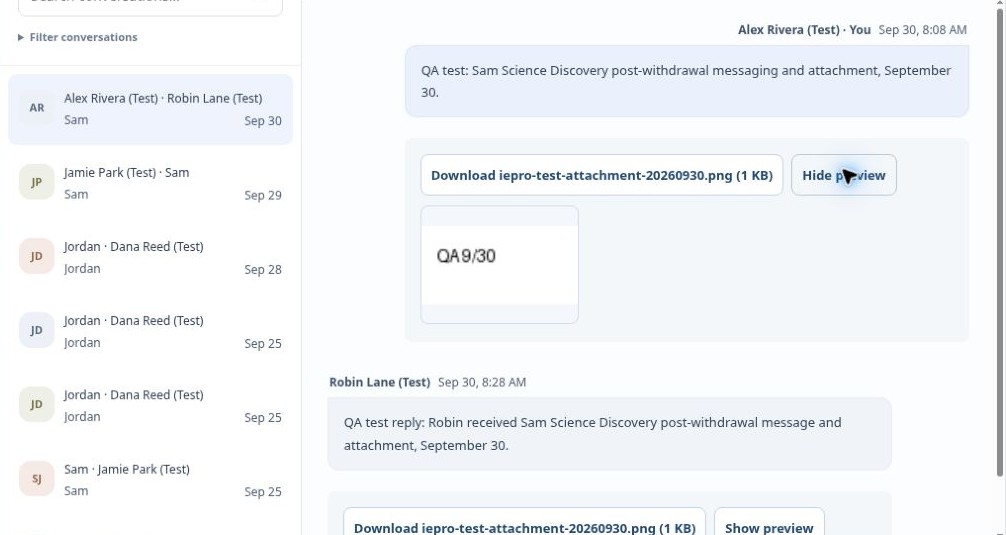 Actual upcoming Messaging conversation with fictional Alex Rivera and Robin Lane, two QA messages and a test attachment